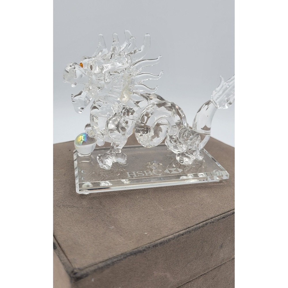 HSBC Clear Glass Dragon Figurine on Base with Presentation Box Crystal Vintage